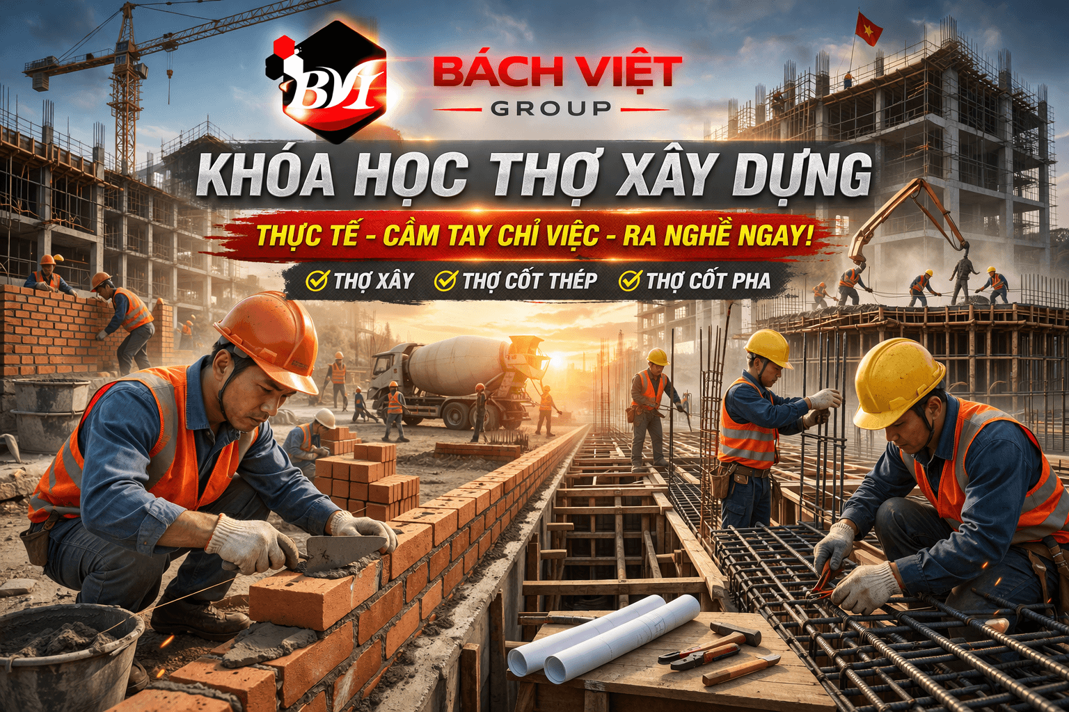 Học nghề xây dựng từ cơ bản đến nâng cao, ra nghề nhanh, thu nhập ổn định. Đào tạo thực tế, học phí thấp, dễ xin việc.
