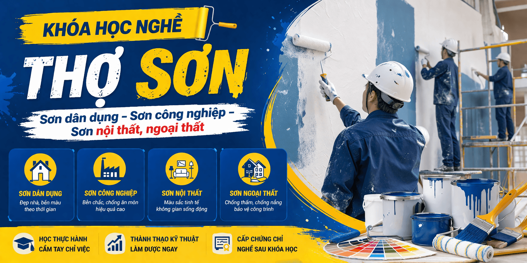 Học nghề thợ sơn từ cơ bản đến nâng cao, đào tạo thực tế, dễ xin việc, có thể nhận công trình riêng sau khóa học.