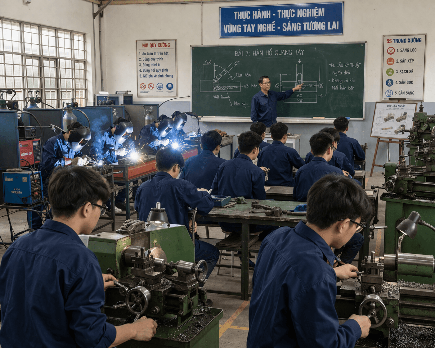 Khóa học hàn – tiện cơ khí, thực hành 80%, học nhanh ra nghề, cấp chứng chỉ. Thu nhập 8–20 triệu/tháng, phù hợp người mới.