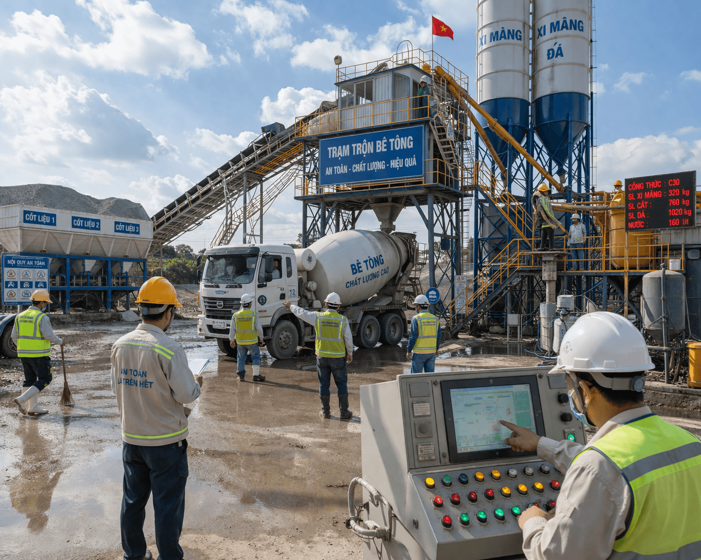 Khóa học vận hành trạm trộn bê tông, thực hành 80%, học nhanh 3–15 ngày, cấp chứng chỉ, dễ xin việc.